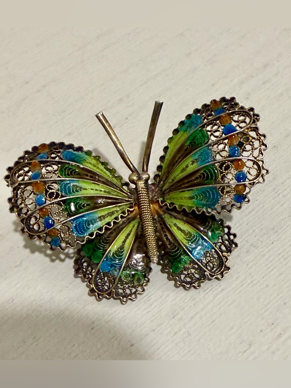 Butterfly brooch, signed 78 GE 800 silver filigree enamel mid century Italian
